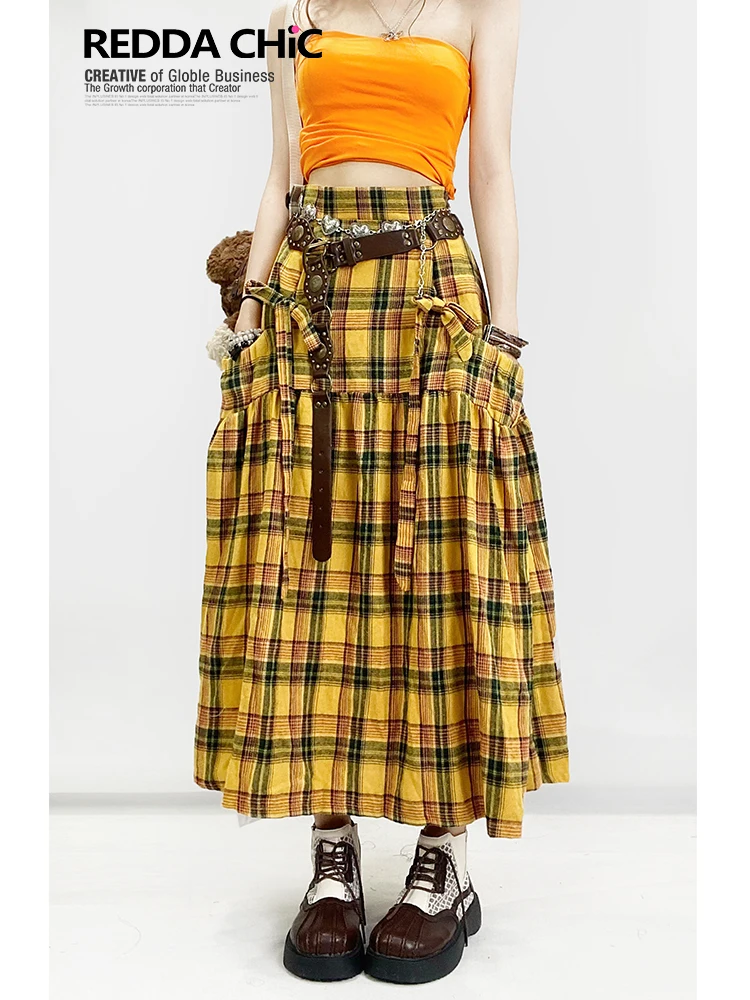 Américain rétro rue doux Cool Y2k Plaid épissage jupes à lacets nœud grande poche taille haute a-ligne longue jupe femmes été 2025