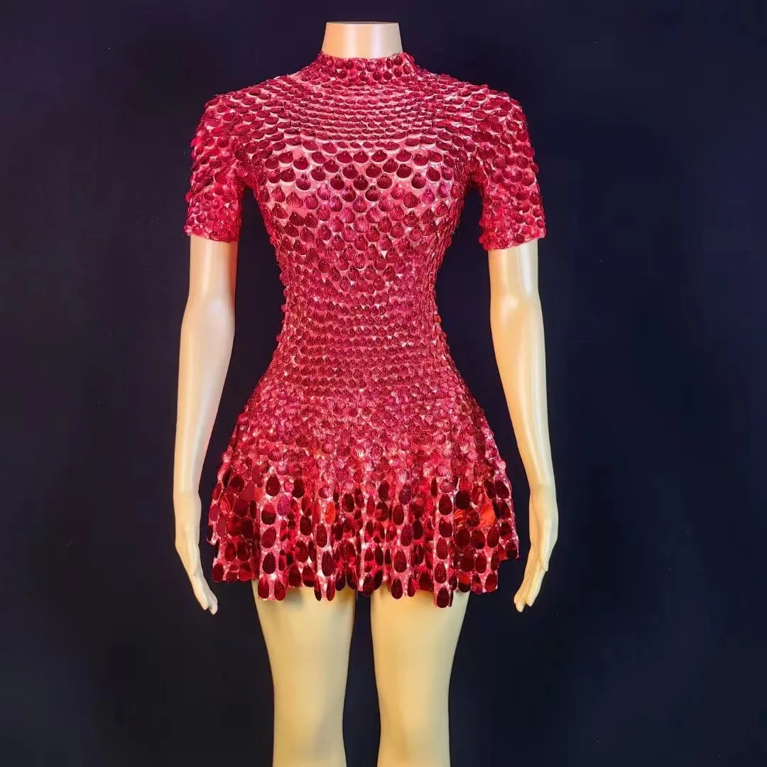 Popular Fashion Sequined Shell Skirt Short-sleeved Dress Nightclub Party Dress Stage Performance Dress Luxo Elegante Festa Longa