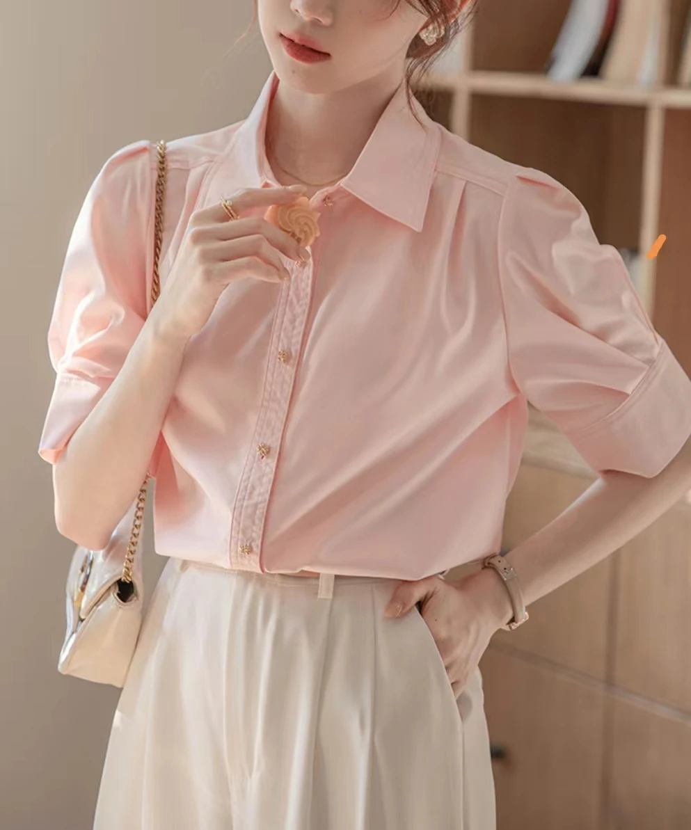 Summer Office Lady Short Sleeve Shirts Women\'s Solid Color Basic Blouse Korean Fashion Button Up Elegant Female Clothing Tops