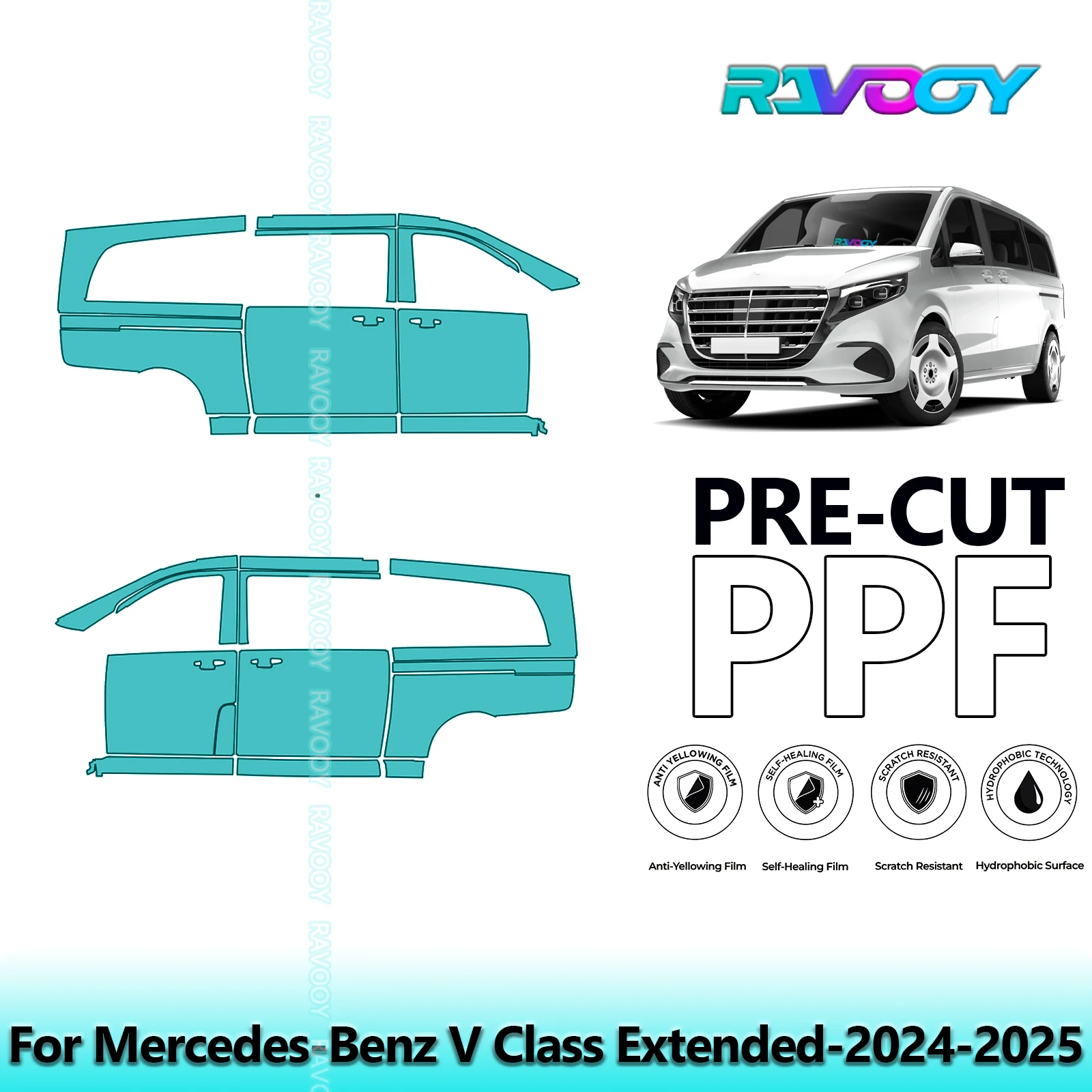 

For Mercedes-Benz V Class Extended-2024-2025 8.5mil Clear Matte Pre-Cut PPF Door & A/B Pillar Kit TPU Paint Protection Film Set