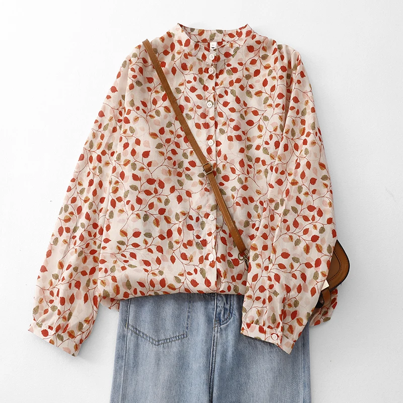 

Loose Fit Long Sleeve Cotton Linen Women's Shirt Spring Autumn Fashionable Printed Artistic Base Layer Top for Ladies