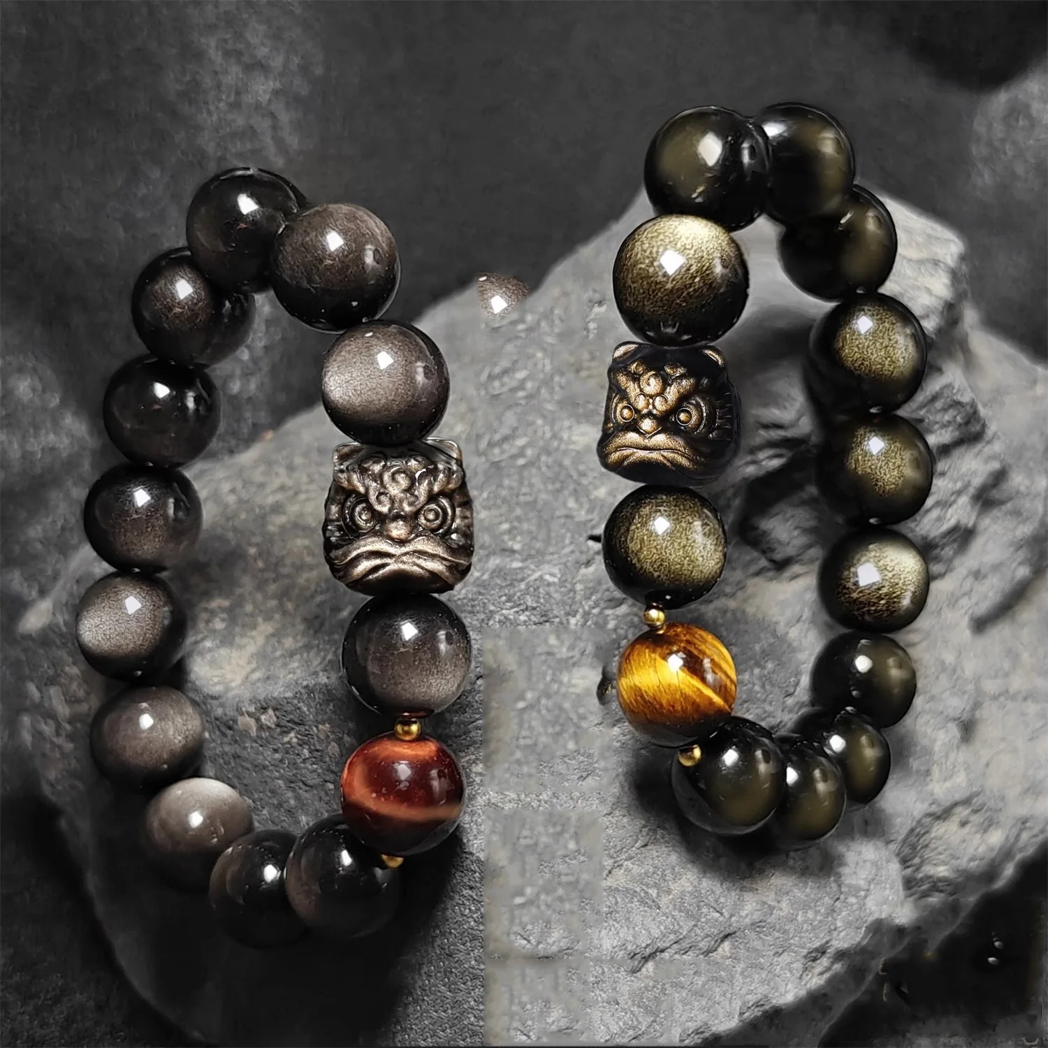 

Natural Silver Obsidian Bracelet Chinese Trendy Awaken Lion Men and Women Wen Play Obsidian Beaded String Gold Obsidian Jewelry