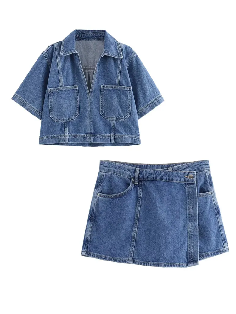 TRAF 2024 letnie Denim dwuczęściowy zestaw z krótkimi rękawami kieszonkowy damski Top Mini spodenki modne w stylu Casual, damska 2-częściowe zestawy