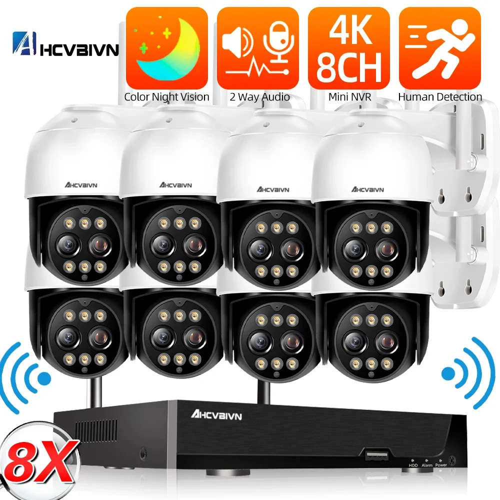 

4K Wifi PTZ IP Camera Surveillance Security System 8CH 8X Zoom Auto Tracking CCTV Camera Security System Kit ICSEE Wifi NVR Kit