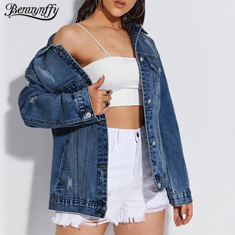 

Benuynffy уличная рваная джинсовая куртка с длинными рукавами, женская весенне-осенняя однобортная повседневная верхняя одежда большого размера, джинсовый топ