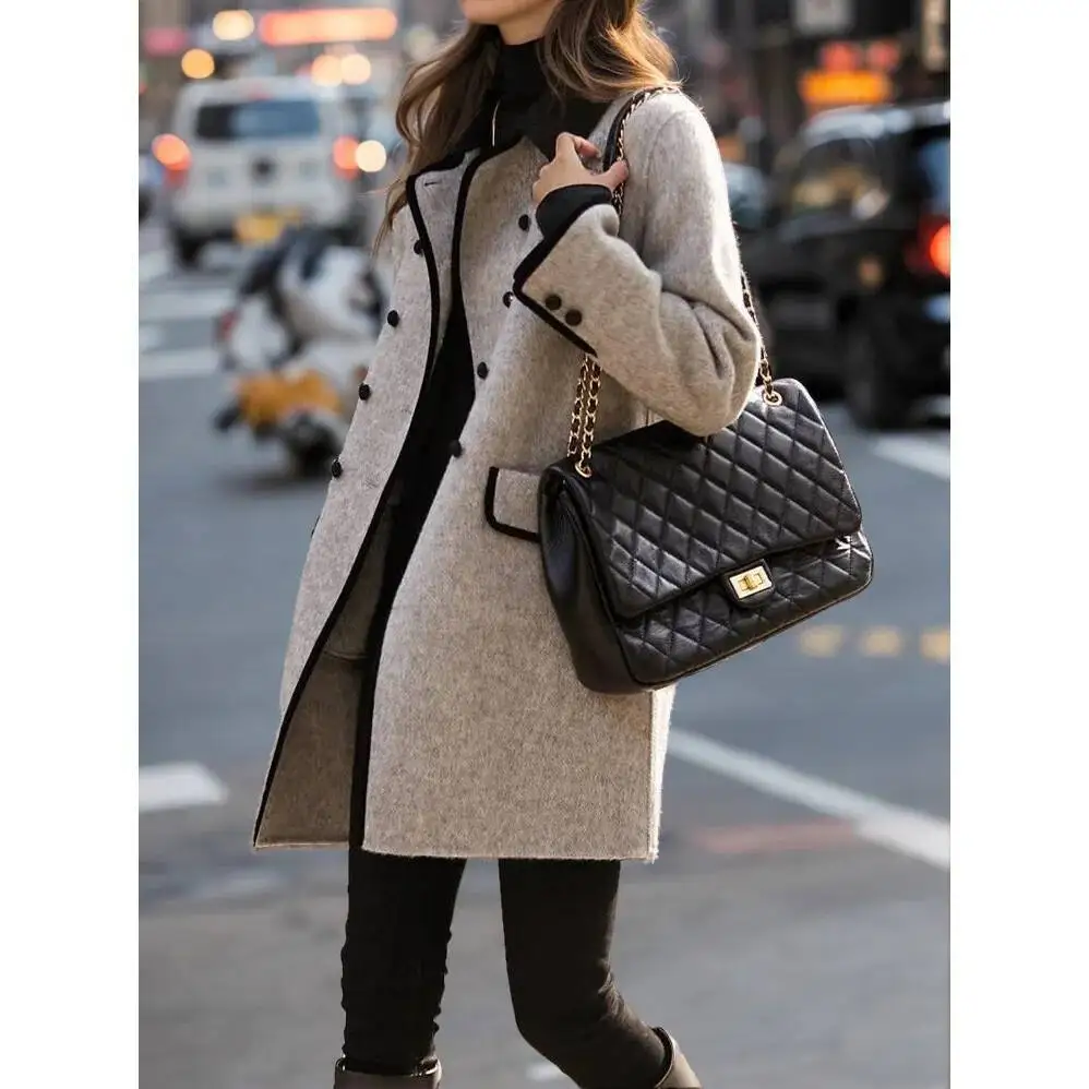 

Autumn Winter 2025 New Style Turn-down Collar Double-breasted Solid Color Long-sleeve Coat Women's Casual