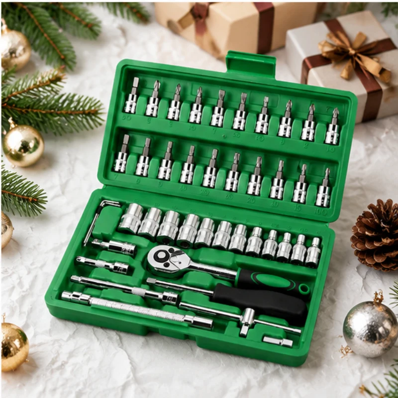 

Durable 46 Pieces Socket Ratchet Wrench Set, 1/4 Inch Drive, Includes Bit Sockets, Metric & Extension Bars, Auto Repair Tool Kit