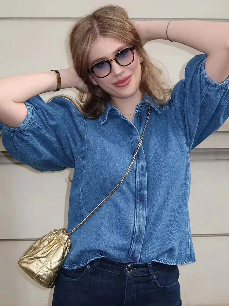 HH-pantalones vaqueros lisos para mujer, traje holgado con solapa, camisa de un solo pecho + pantalón informal de pierna ancha con bolsillo lateral de cintura alta y cremallera