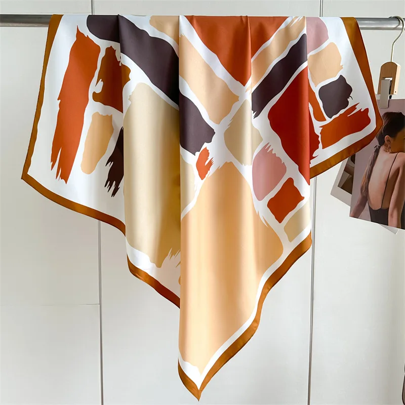 

Luxury Square Scarves For Women Soft Stain Neck Scarf Shawl Warp Elegant Neckerchief Bandanas Geometric Color Blocking Hijab