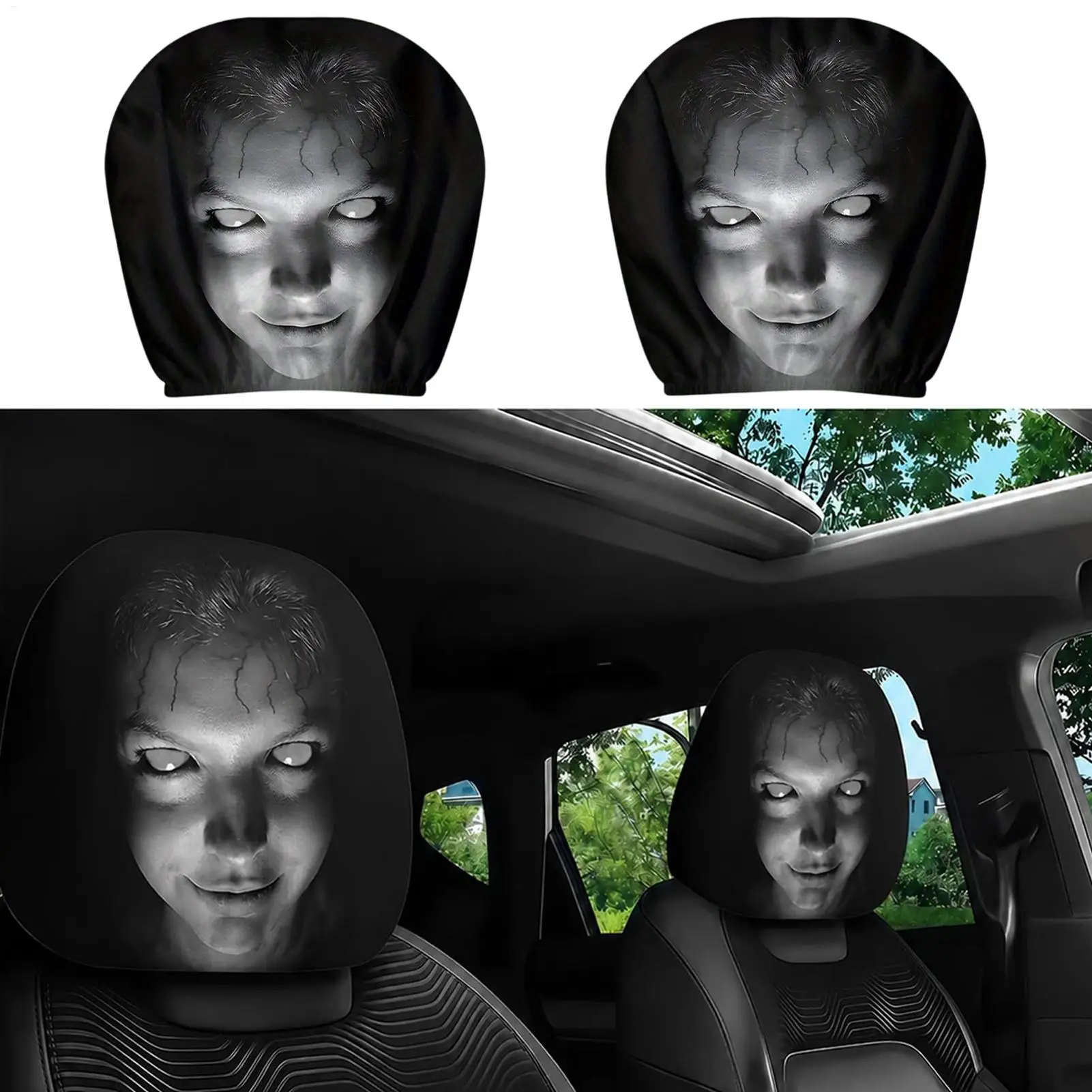 1 Pair Terrifying Smiling Face Car Headrest Covers Auto Seat Ghost Headrest Cover Smiling Spooky Scary Printing Headrest Case