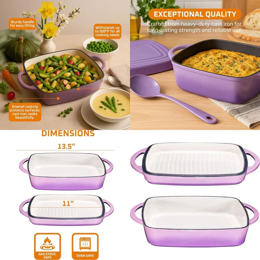 

Purple Cast Iron Dutch Oven with Lid, 2-in-1 Baking Pan and Skillet Set for Casseroles and Braising, Oven Safe