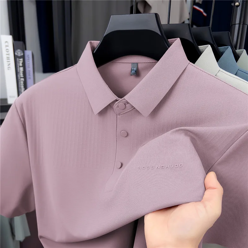 High end brand ice silk short sleeve polo shirt men's summer new fashion breathable simple letter embossed solid color T-shirt
