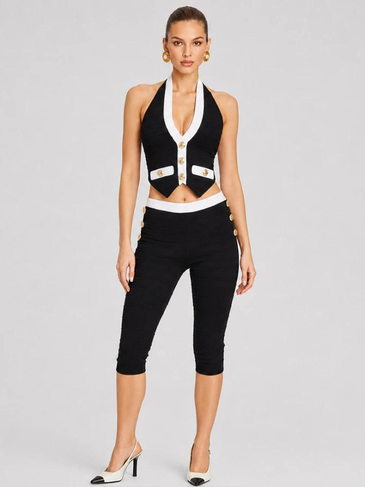 Sexy Two Piece Set Women Bandage Capri Pants Suits Halter Neck Backless Crop Top + Button Calf-Length Pants Sets Evening Party view 4