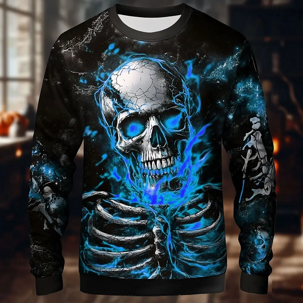 

Halloween Theme Skull Skeleton Men's Casual Hoodless Sweatshirt Autumn Crew Neck Hoodies Long Sleeve Pullovers Trendy Streetwear