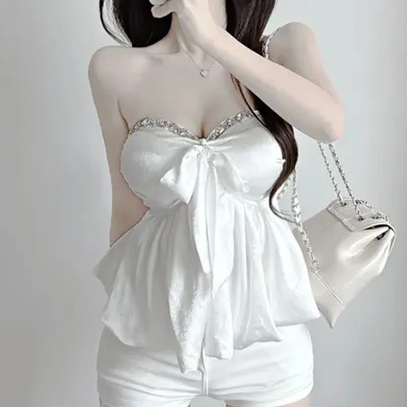 

Корейский тонкий сексуальный топ с мягкой подкладкой для девочек и открытыми плечами, блестящий топ без рукавов с кристаллами, женские модные топы в горошек, женские топы на бретелях VVG8