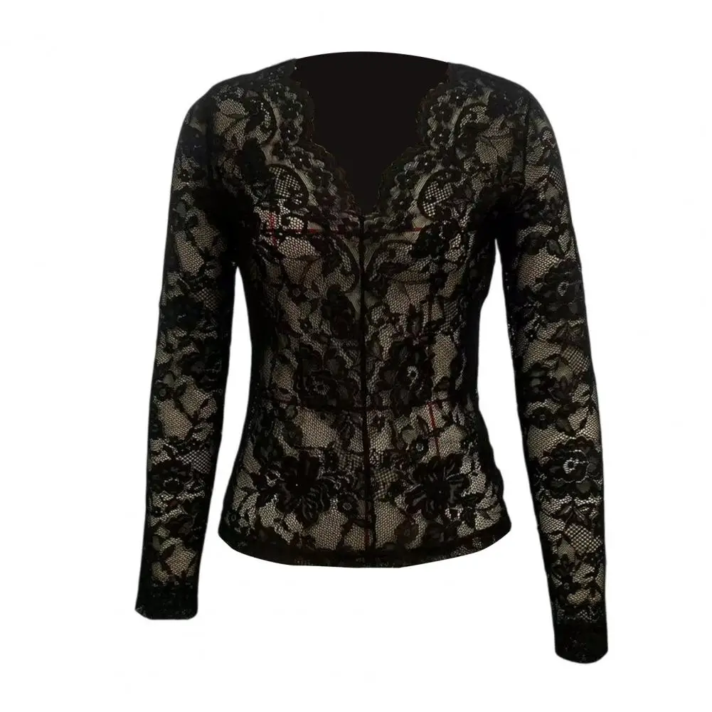 

Breathable Top Women Tops Women’s V-neck Long Sleeve Pullover Top Hollow Embroidery Lace Blouse Slim Fit Mesh Detail for Wear