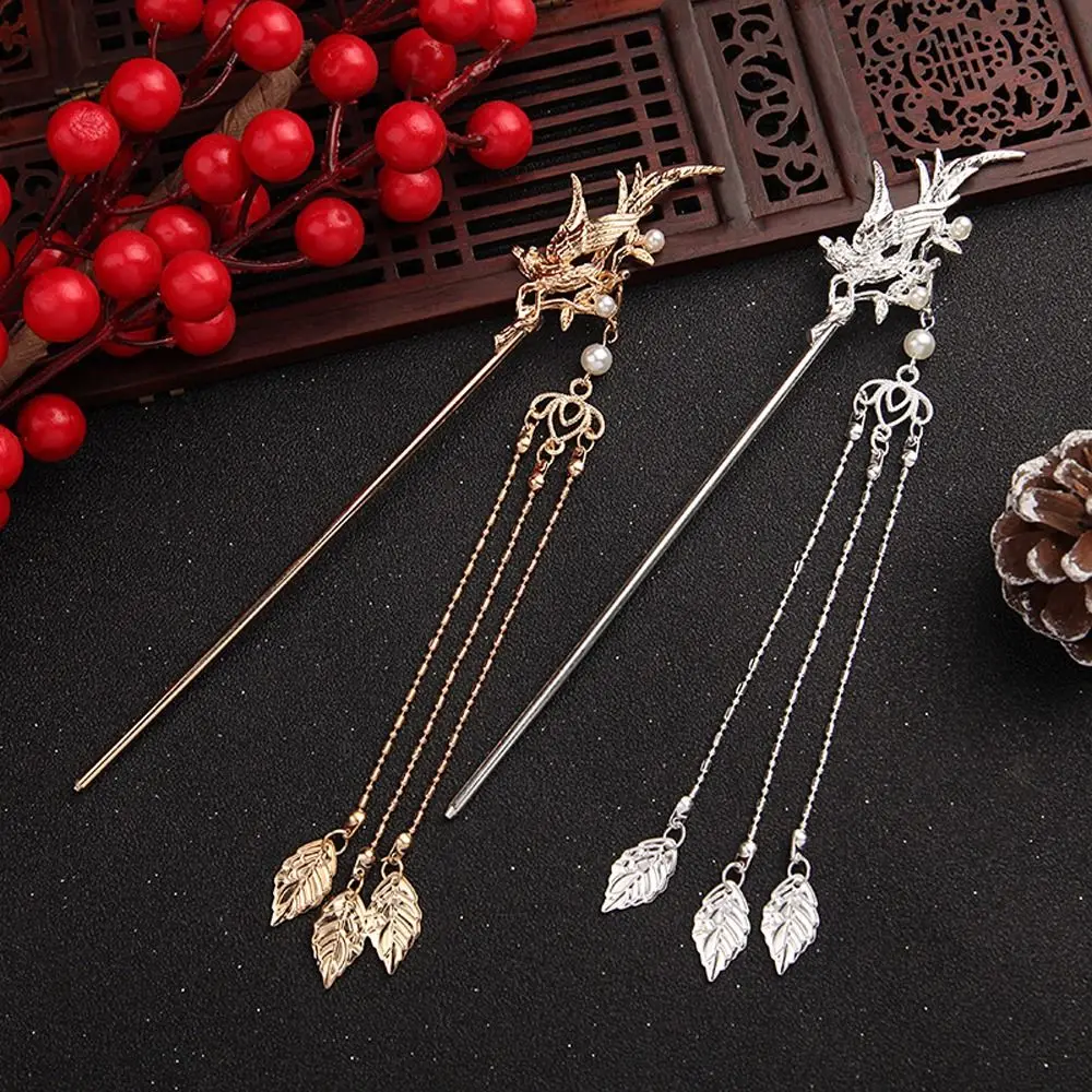 Vintage Alloy Girls Gifts Tassel Leaf Simulated Pearl Flower Girl Hairpin Women Hair Stick Chinese Style Hair Clasp Hair Fork