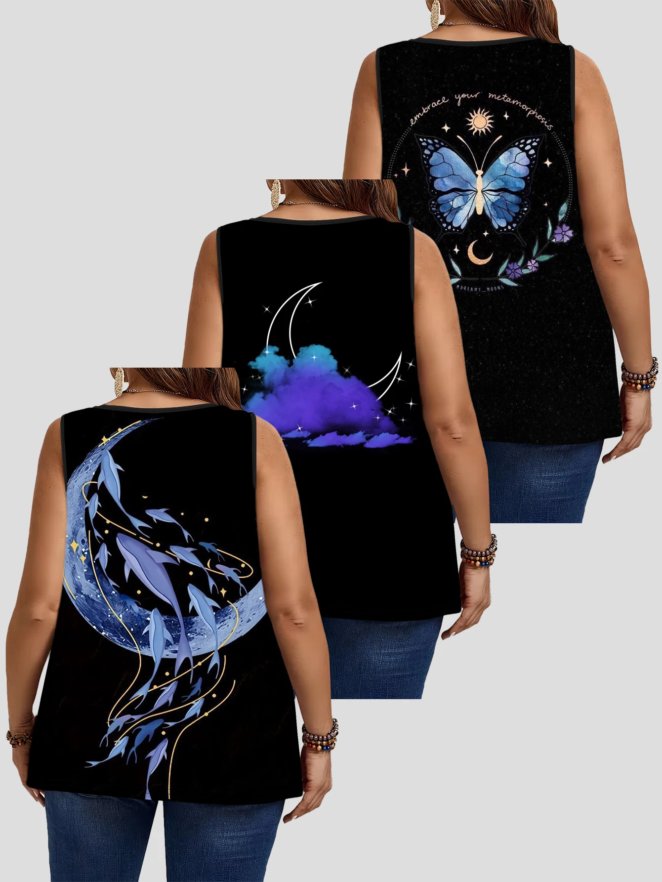 3-Piece Set of Plus-Size Women's Tank Tops with Moon, Dolphin, Blue Butterfly, and Starry Sky Art Prints, Round Neck, Loose Fit, Sleeveless Tops