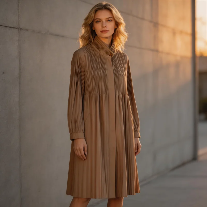 

Miyake японский дизайн стиль плиссированное однотонное пальто средней длины на молнии свободное и универсальное пальто для женщин