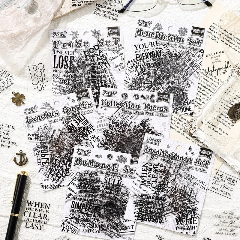 40 PCS English Pattern PET Sticker Packs DIY Decorative Scrapbooking Collage Stationery Decor Junk Journal Aesthetics Sticker