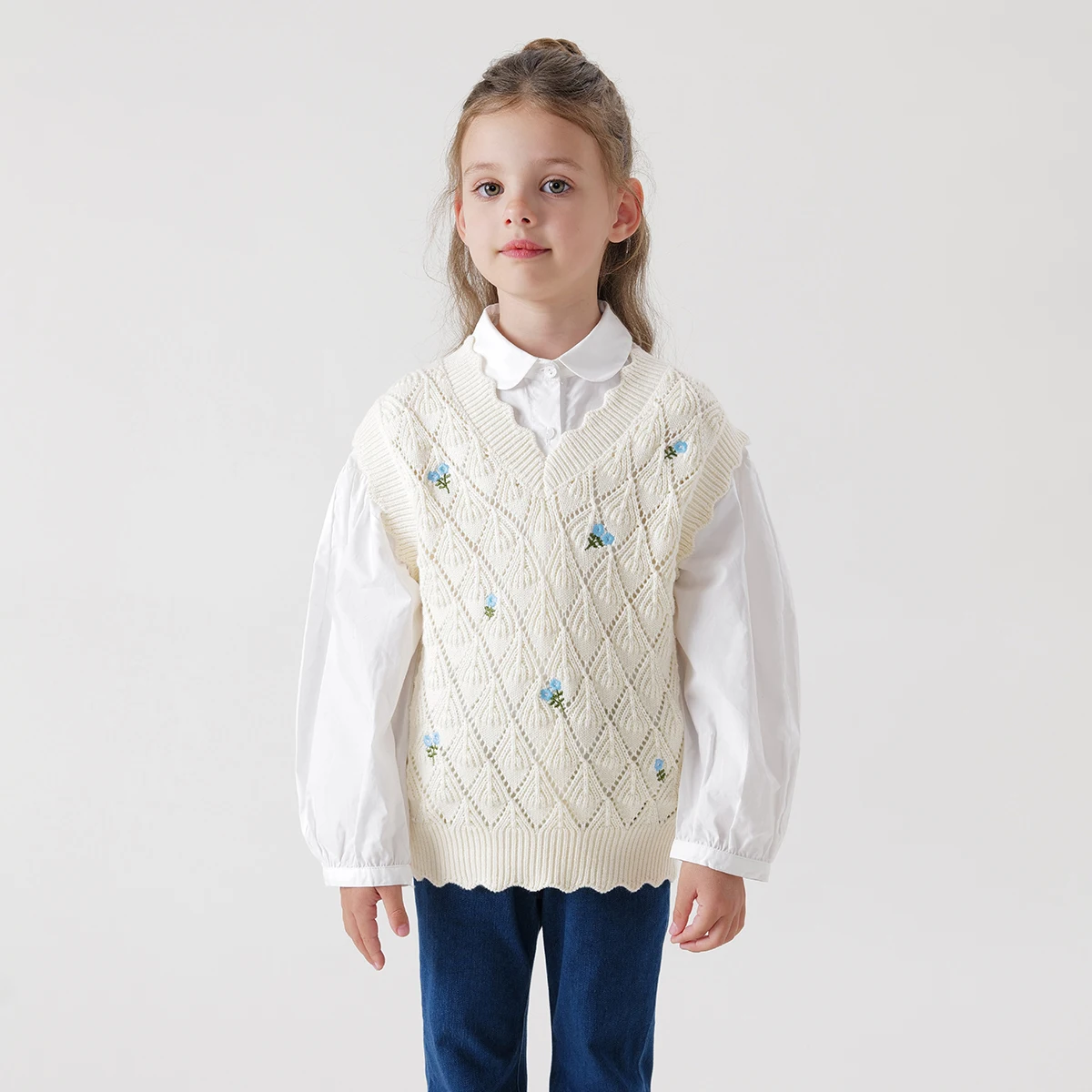 

MARC&JANIE Girls Rustic Jacquard Knit Sweater Vest Children's Vests for Spring 240310