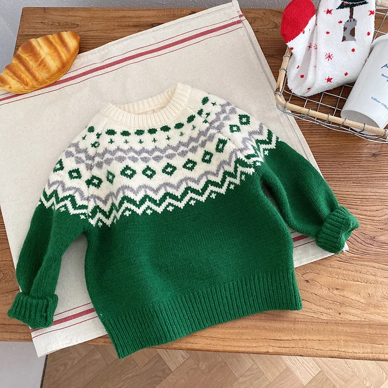 Winter Baby Boys Christmas Sweater Children\'s Jacquard Knitted Sweaters Pullovers Kids Cotton Clothes Toddler Girl Cardigan Tops