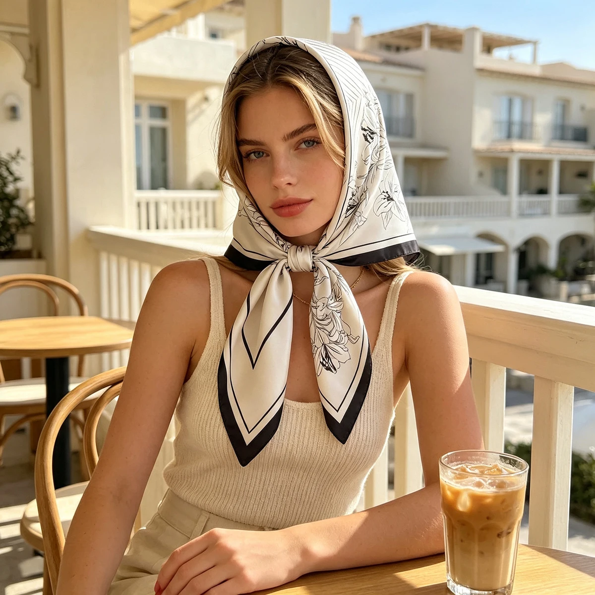 Women's Spring Summer Soft Satin Imitation Silk Square Scarf Breathable Floral Print Wrap Neck Scarf with New Stripe Design view 3