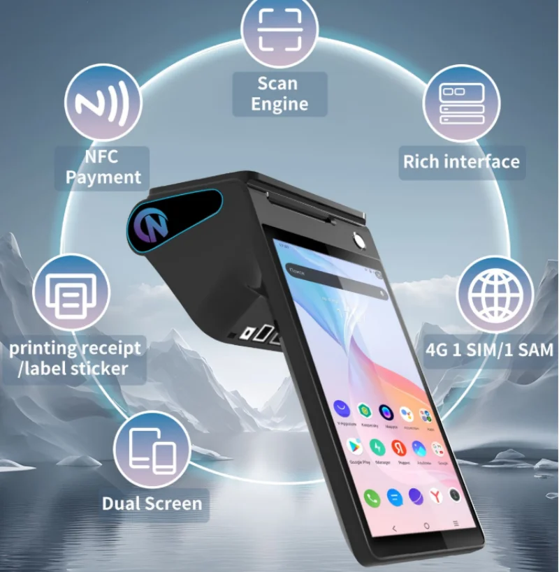 Z108 Dual-Screen Handheld POS, Android 14, 8 Inch, 3GB+16GB/32GB, NFC & 58mm Printer
