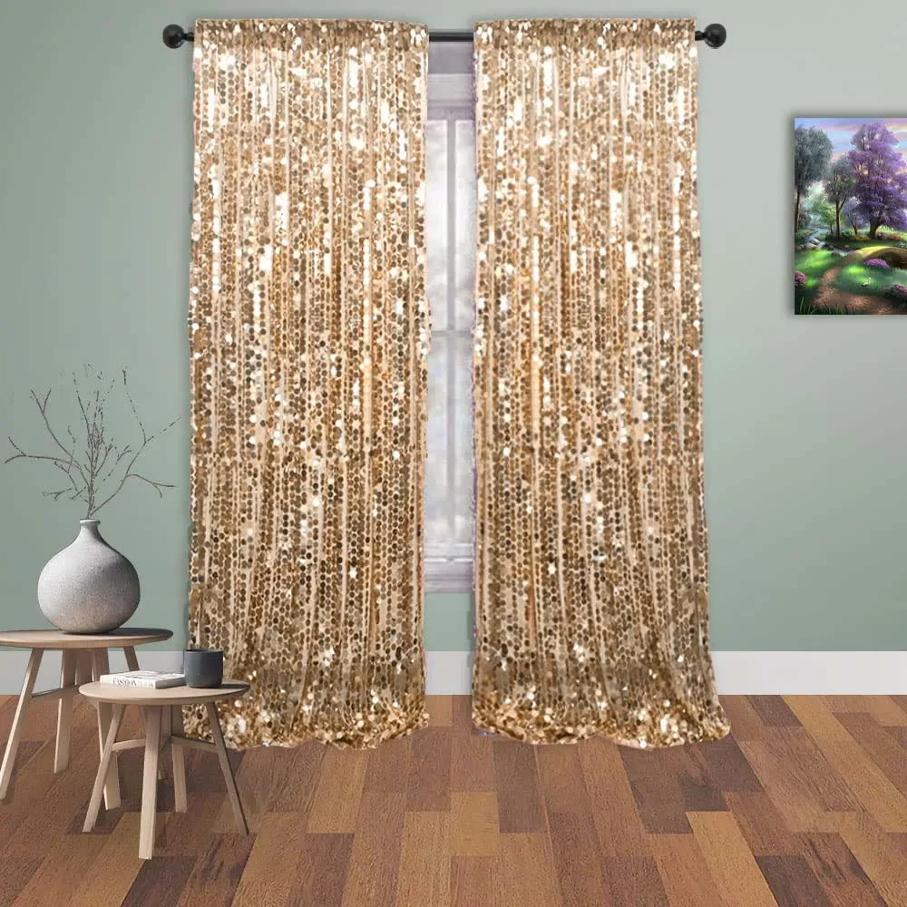 2FTx8FT 18mm Large Sequin Backdrop Curtains Glitter Background Sparkly Gold Curtains for Wedding Sequence Backdrop Stage Decor