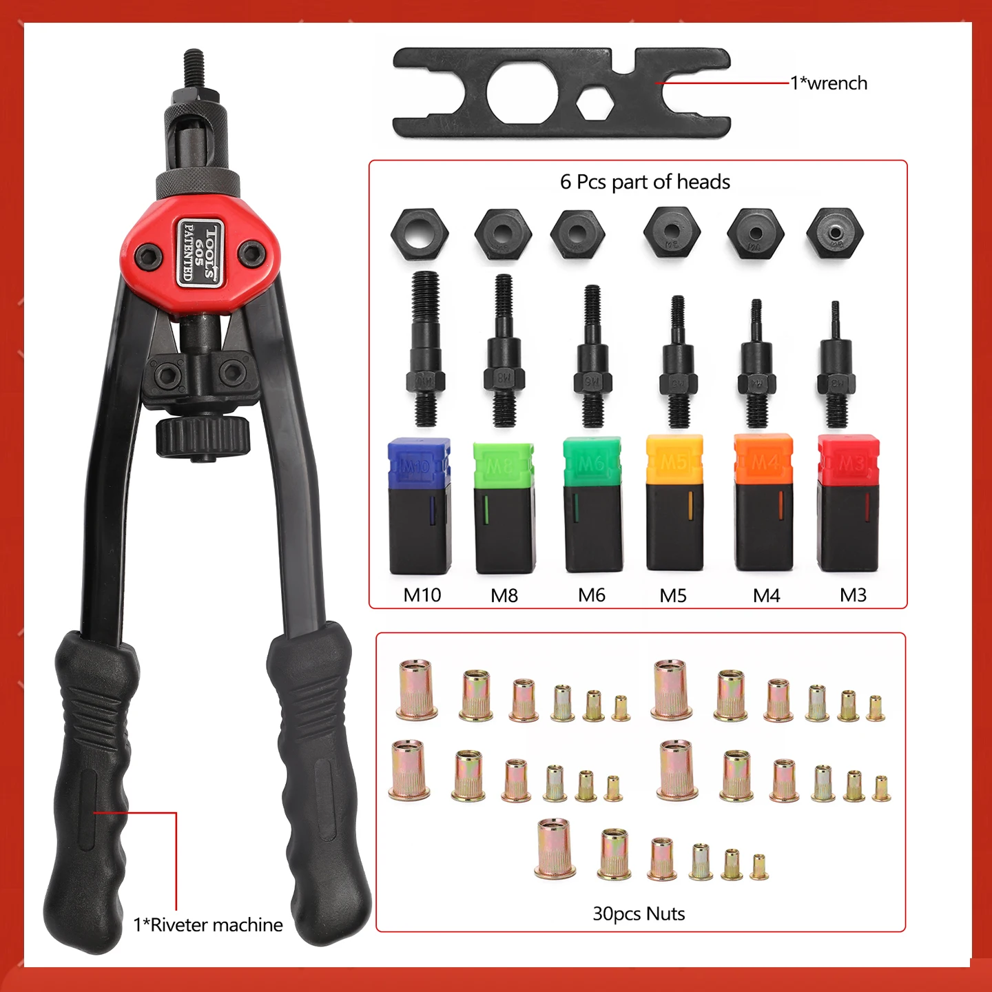 Hand Riveter Labor-saving Hand Riveter BT-605 Manual Rivet Machine Riveting Tools with Nut Dies M3-M10 Labor-saving Hand Riveter