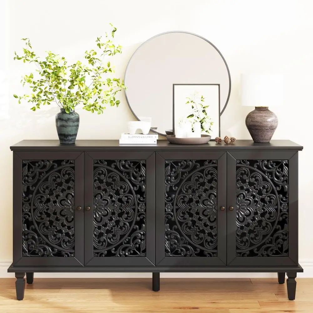 

Vintage 60 Distressed Sideboard Cabinet with Hollow Carved Accent Doors for Kitchen, Living Room, or Entryway in Black