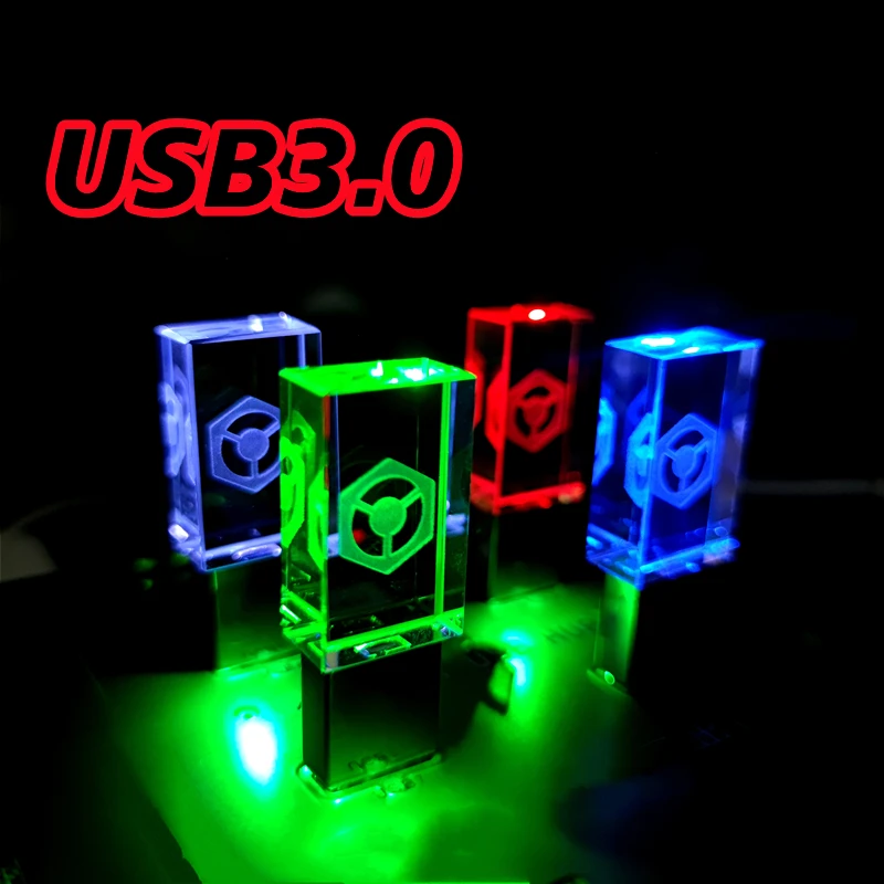 New Brand Silver Crystal USB3.0 Color LED Light High-speed Flash Drive 128GB 64GB 32GB 16GB With Black Gift Box