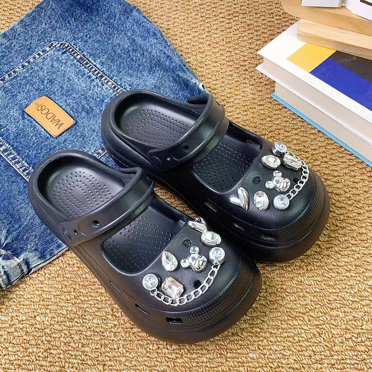 Women's Fashion Clogs with Rhinestones, Handmade DIY Clogs, Finished Women's Shoes, Summer Chain-Decorated Slippers, Trendy on Instagram