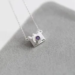 Fashion 925 Sterling Silver Jewelry Female Camera Crystal Silver Necklace Collar Vintage Link Chain XL057