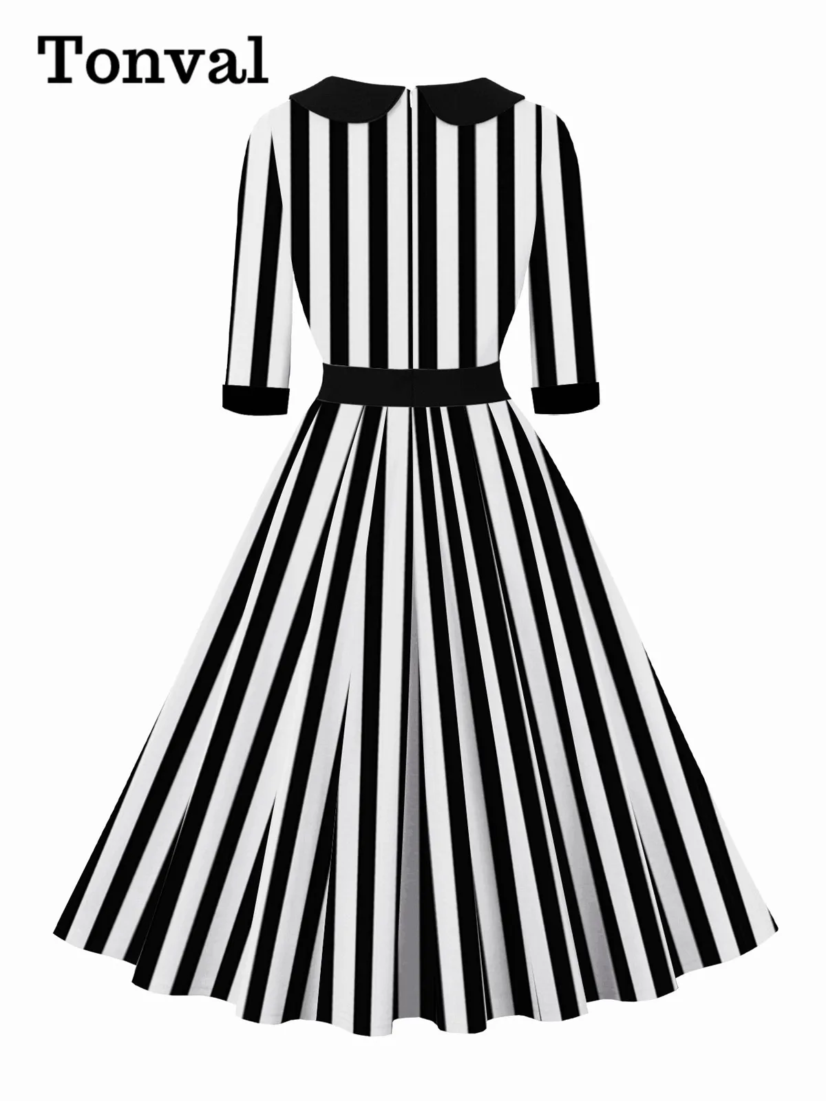 Tonval Striped Print Vintage Long Dresses Women Sweetheart Neck Buttons 3/4 Length Sleeve Fall Elegant A-Line Flare Dress