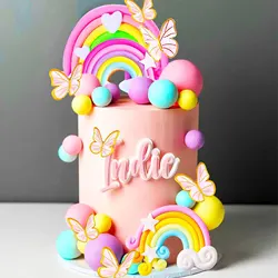 LaVenty 33 PCS Pink Rainbow Cake Topper Unicorn Rainbow Cake Decorations Boho Cake Topper Girls Birthday