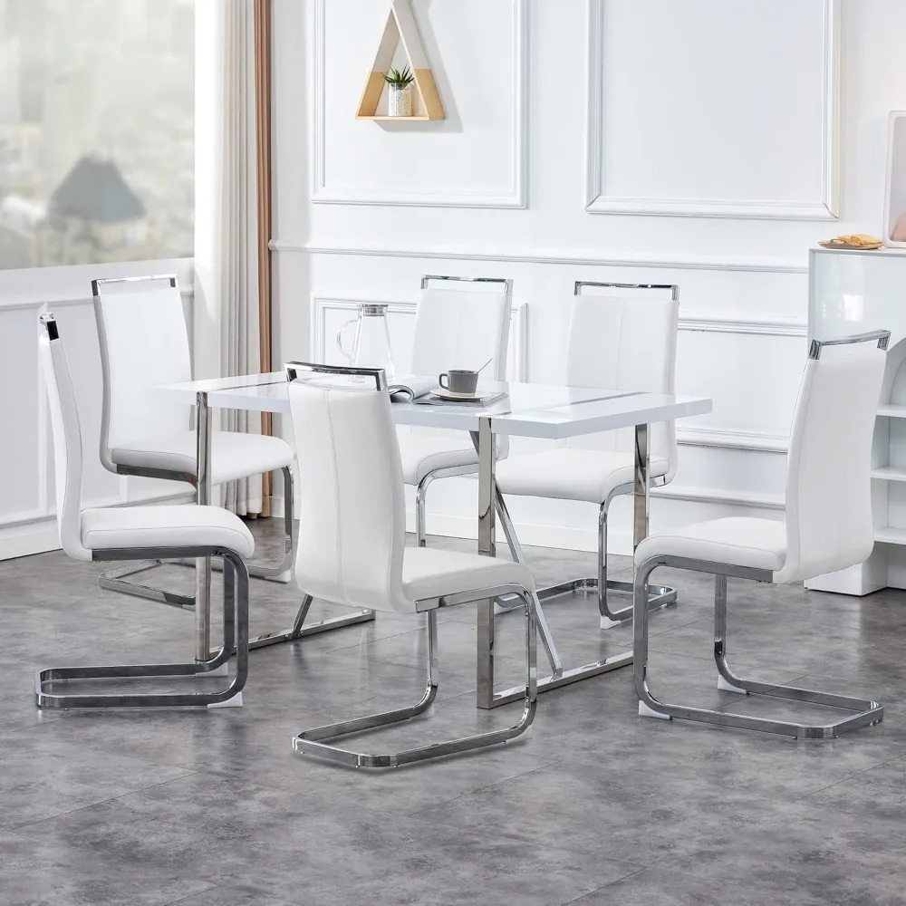 7 Piece Dining Table Set for6 Metal Frame Table and PU Leather Fabric Padded Seat Chairs 61.5 in Table and Chairs