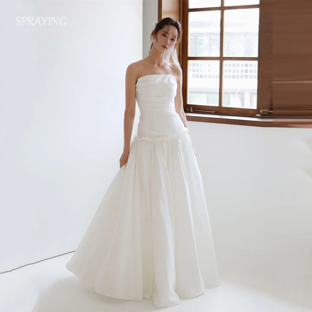 SPRAYING Einfaches elfenbeinfarbenes Taft-Hochzeitskleid, Korea-Fotoshooting, trägerlos, A-Linie, lange Brautkleider, Korsett, maßgeschneidert,  soi