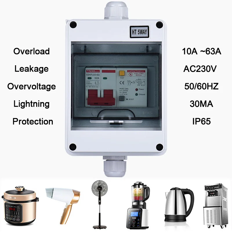 RCD Waterproof Electrical Distribution Box IP65 With AC Circuit Breaker RCBO RCCB Leakage Protection Power Switch