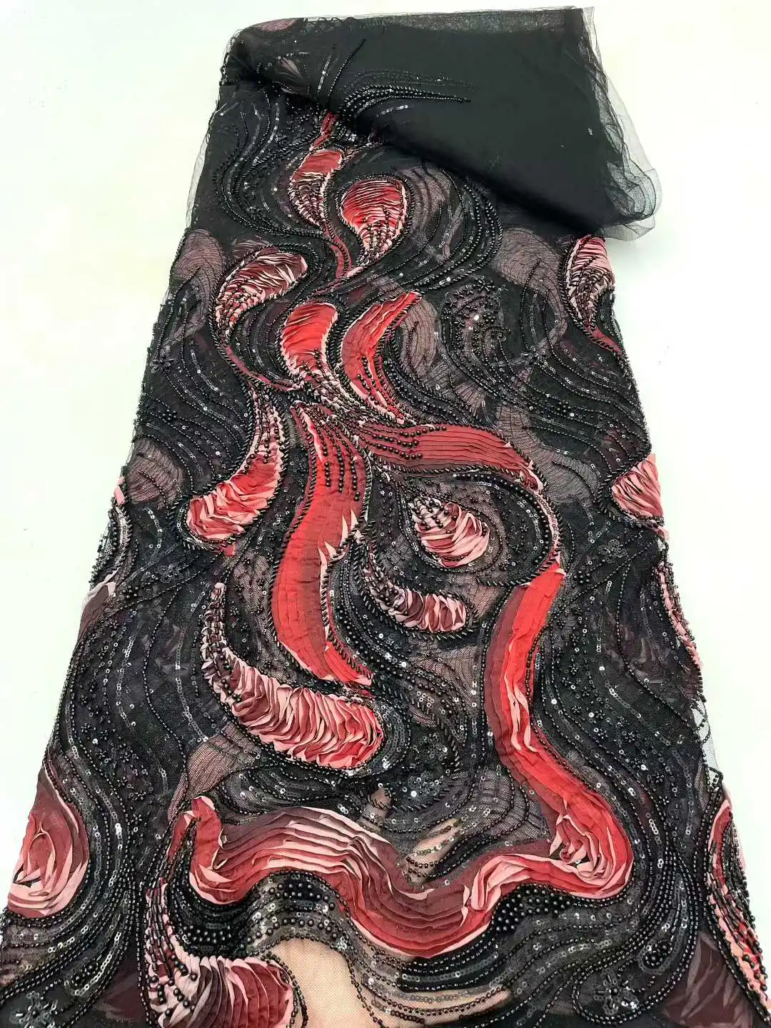 Luxury African Beaded Lace Fabric Newest Nigerian French Sequin Heavy Lace Fabric for Party Dress Sewing 5 Yards