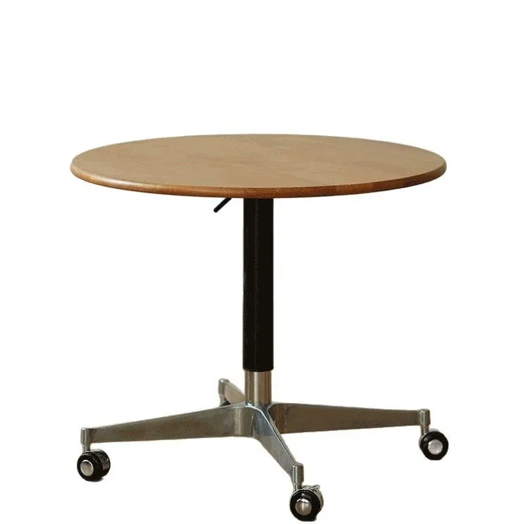 

Nordic solid wood lifting coffee table, movable Japanese-style cherry wood color small round table with wheels