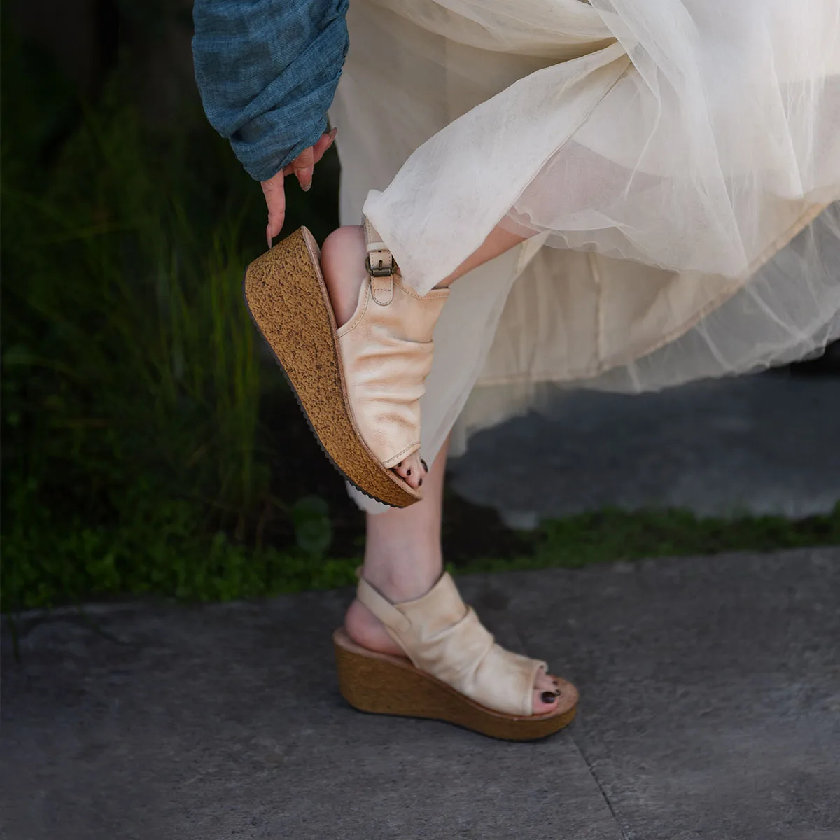 Artmu Original Thick Heel Wedges Sandals For Women Buckle Summer 6cm High Heel Slides Luxury Open Toe Sandals Pleated Ladies