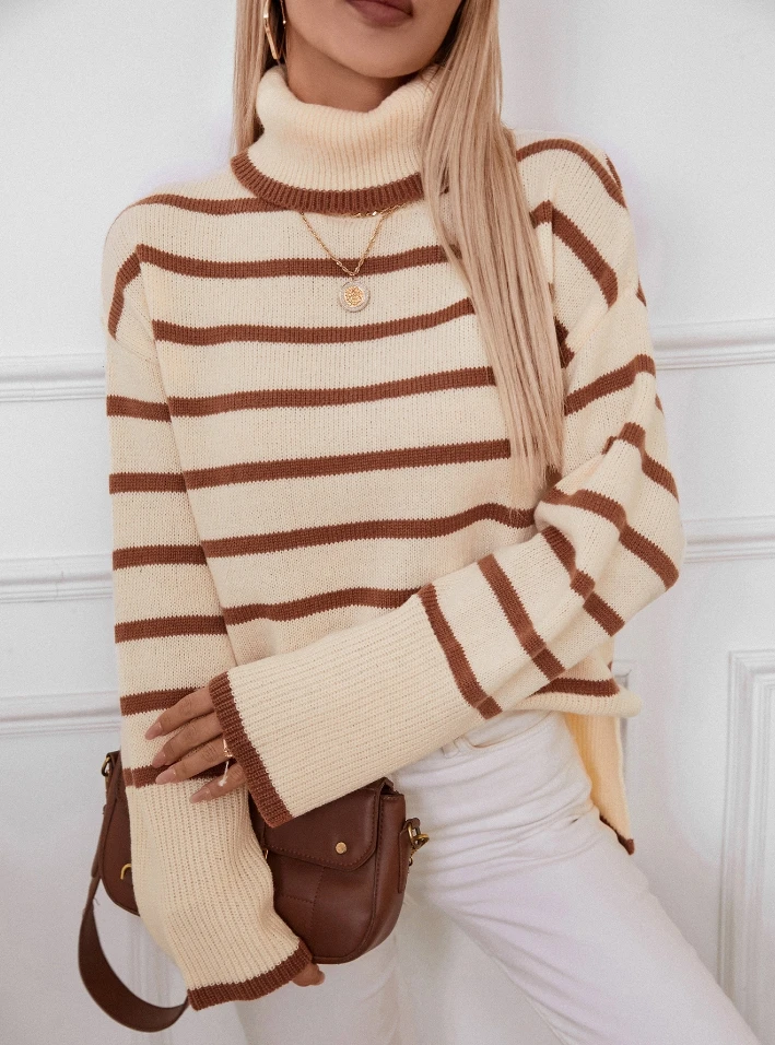 

Women's Urban Hooded 2025 Autumn Winter Latest Collar Style Commuter Stripe Knitted Hooded Sweater Loose Fit Long Sleeves Top