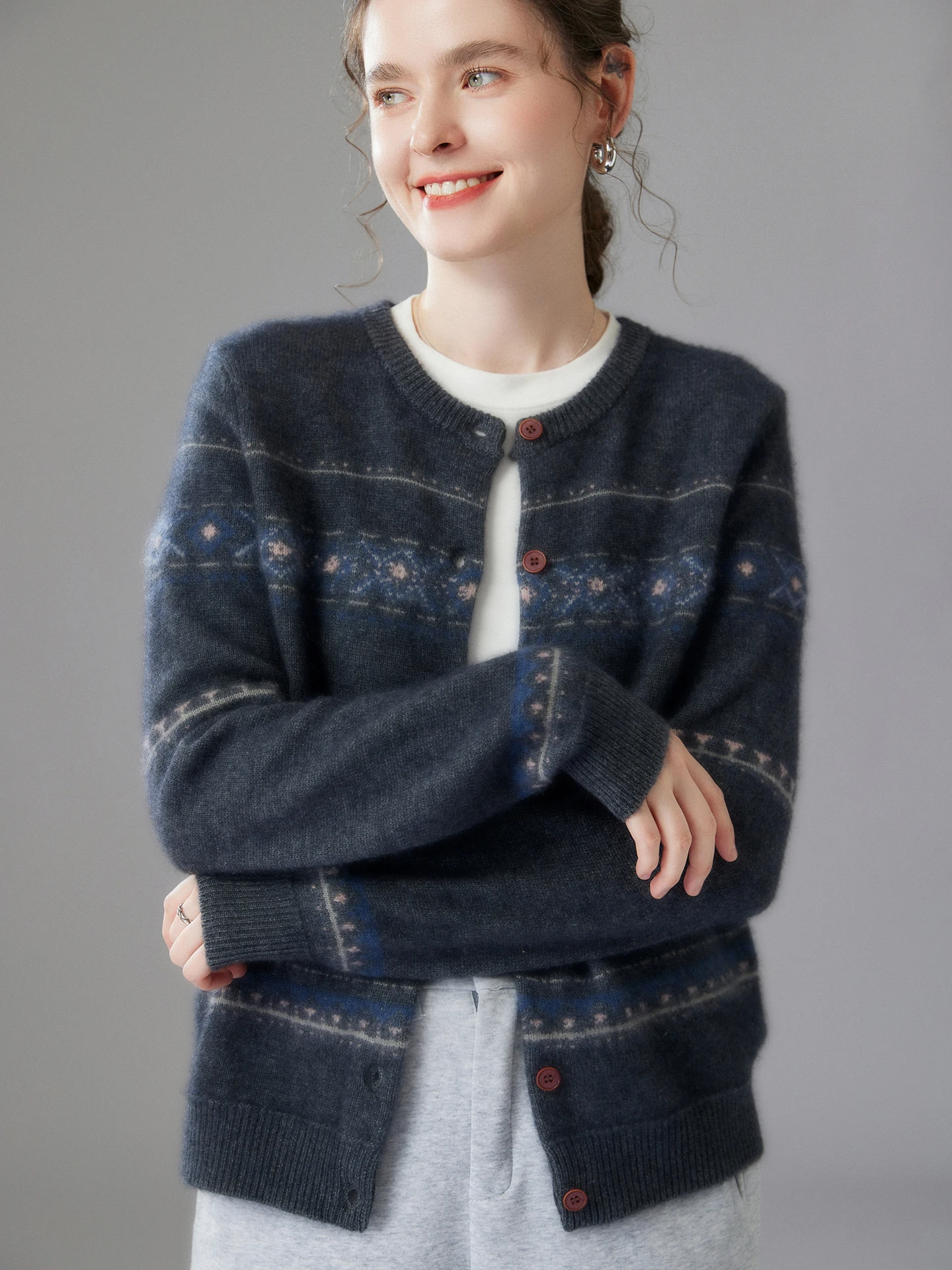 TLOML женский 100% кашемировый свитер, винтажный толстый жаккардовый кардиган с круглым вырезом, осень-зима, мягкий теплый кашемировый трикотаж, топы в стиле ретро