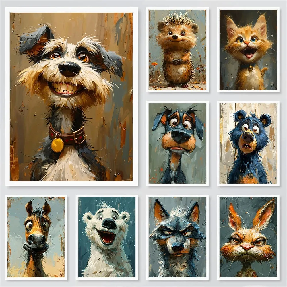 Funny Animals Vintage Painting Poster Canvas Prints Animals Cartoon Aesthetic Wall Decor Kids Room Wall Art Funny Cat Dog Decor