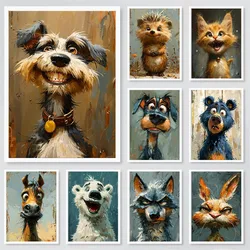 Funny Animals Vintage Painting Poster Canvas Prints Animals Cartoon Aesthetic Wall Decor Kids Room Wall Art Funny Cat Dog Decor