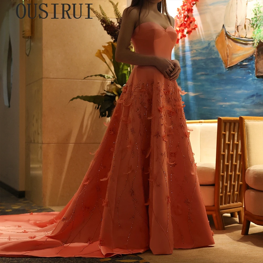 OUSIRUI Luxury Feathers Dubai Evening Dresses For Woman Flowers Sweeheart Long Wedding Formal Party Dresses With Sweep Train