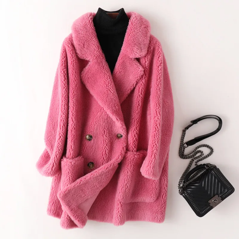 

Fur Wool Jacket Women Autumn Winter Fashion Granule Sheep Shears Coat Korean Double Breasted Overcoat Loose Ladies Clothes G1319