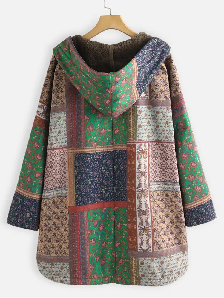 Parkas Retro Boho Cotton Jacket Casual Ethnic Print Fleece Hooded Warm Coat Women Outwear Loose Oversize M-5XL Winter Clothes