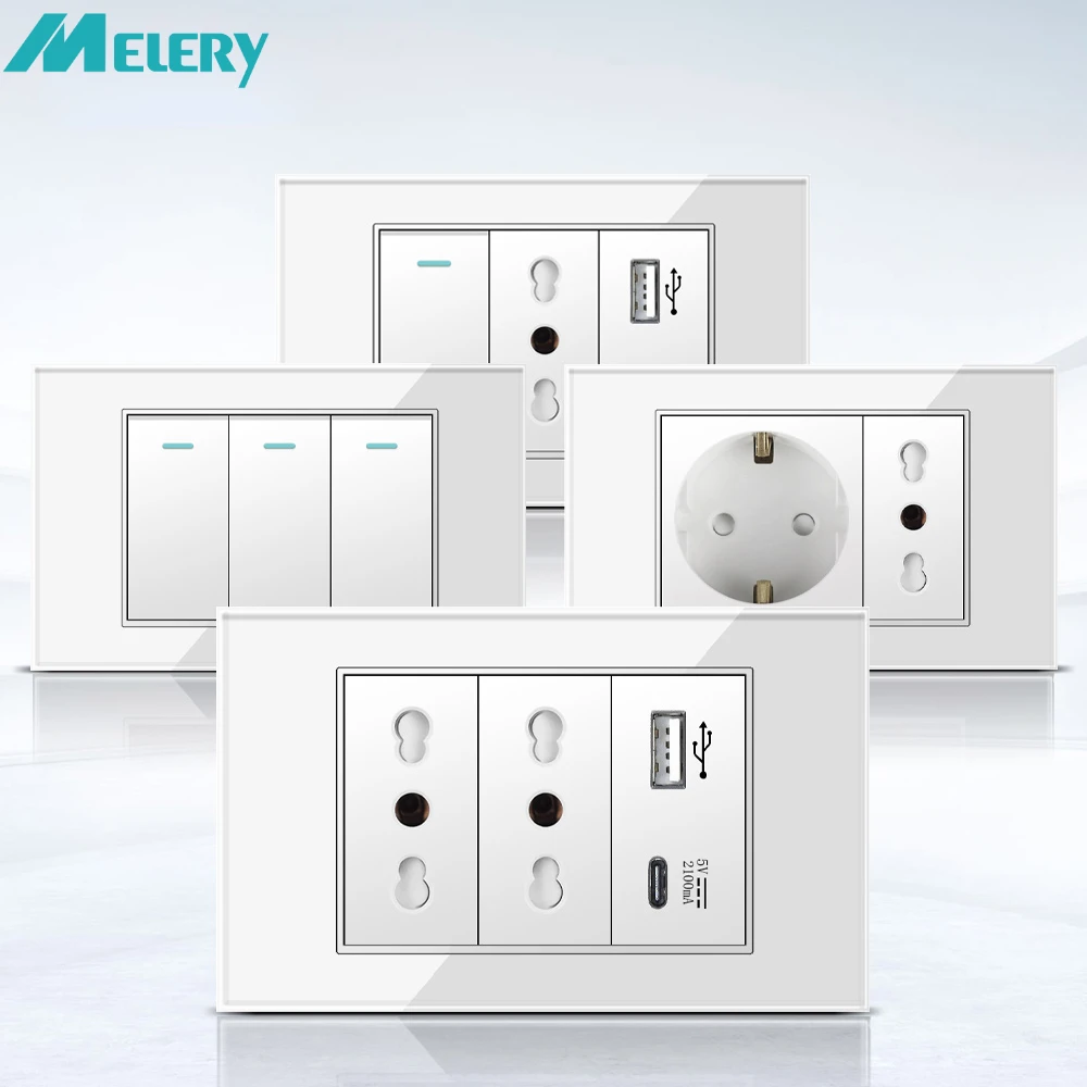 Melery White Tempered Glass Italy Standard Home Office EU Outlet USb Type C Chile Korea Wall Socket Light Pressure Switch 118